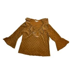 Joy Joy Brown Corduroy Ruffle Tie Neck Woman's Blouse Size Small